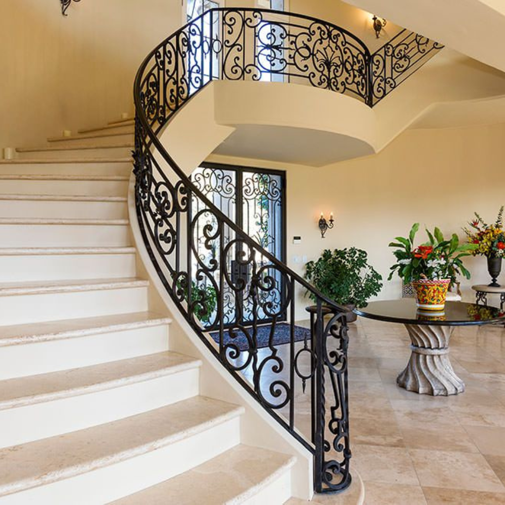 Elegant Black Spiral Scroll Iron Staircase Railing