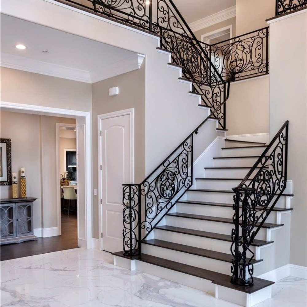 Grand Dual Staircase Black Ornamental Iron Railing
