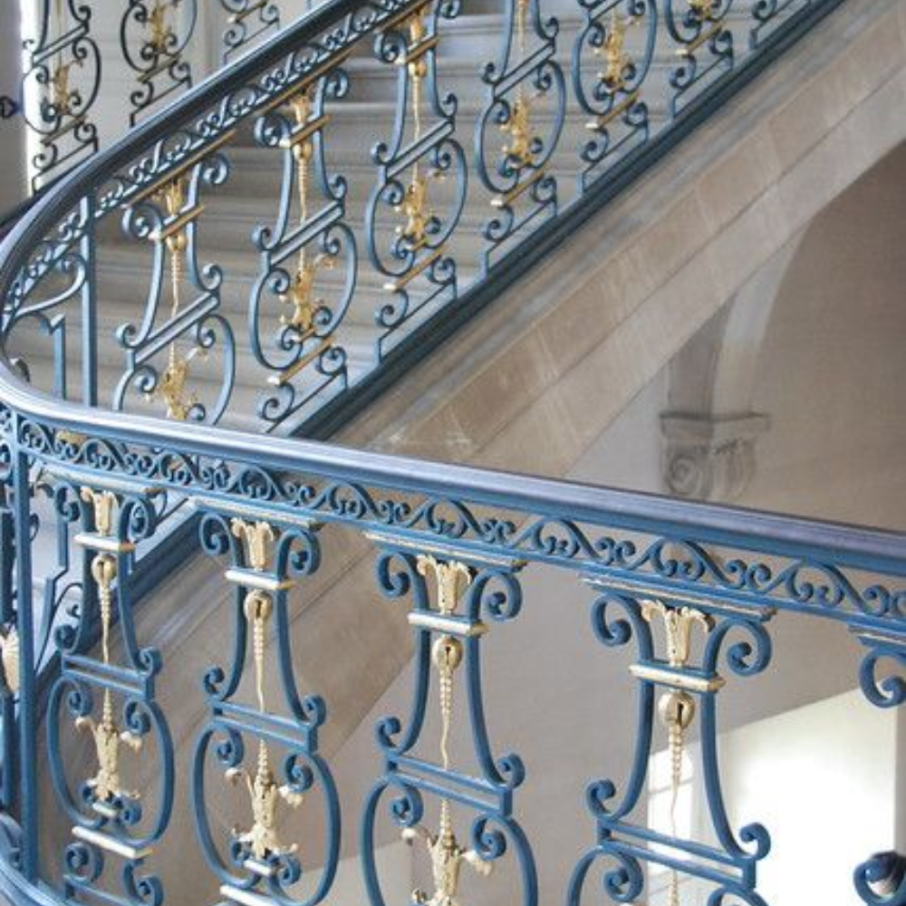 Premium Blue & Gold Ornamental Iron Staircase Railing