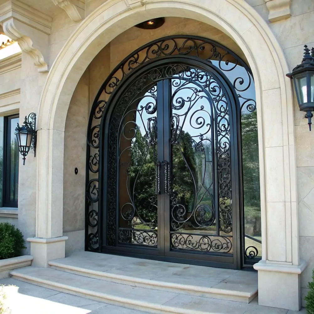 Black Arch Top Glass Scroll Iron External Double Door