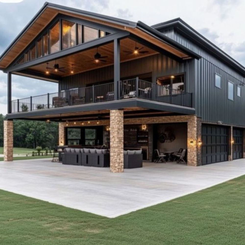 Black Barnhouse Stone Pillar Balcony Metal Structure Facade