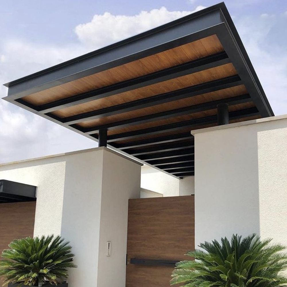 Black Flat Wood Slat Ceiling Metal Canopy Entrance