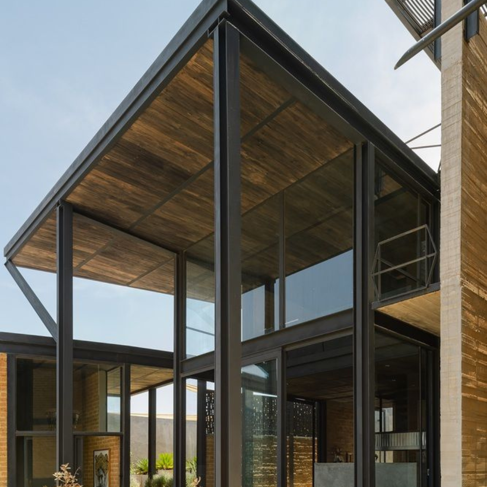 Black Gable Wood Ceiling Glass Frame Metal Structure Facade