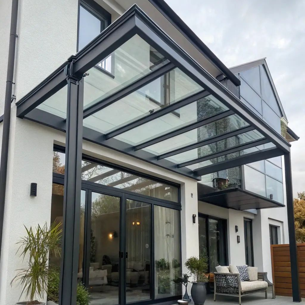 Black Glass Roof Modern Patio Metal Canopy Structure