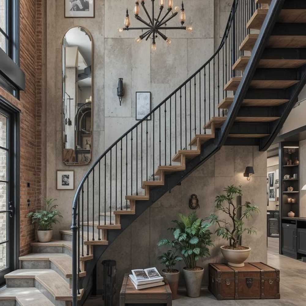 Black Industrial Curved Wood Step Metal Spiral Staircase