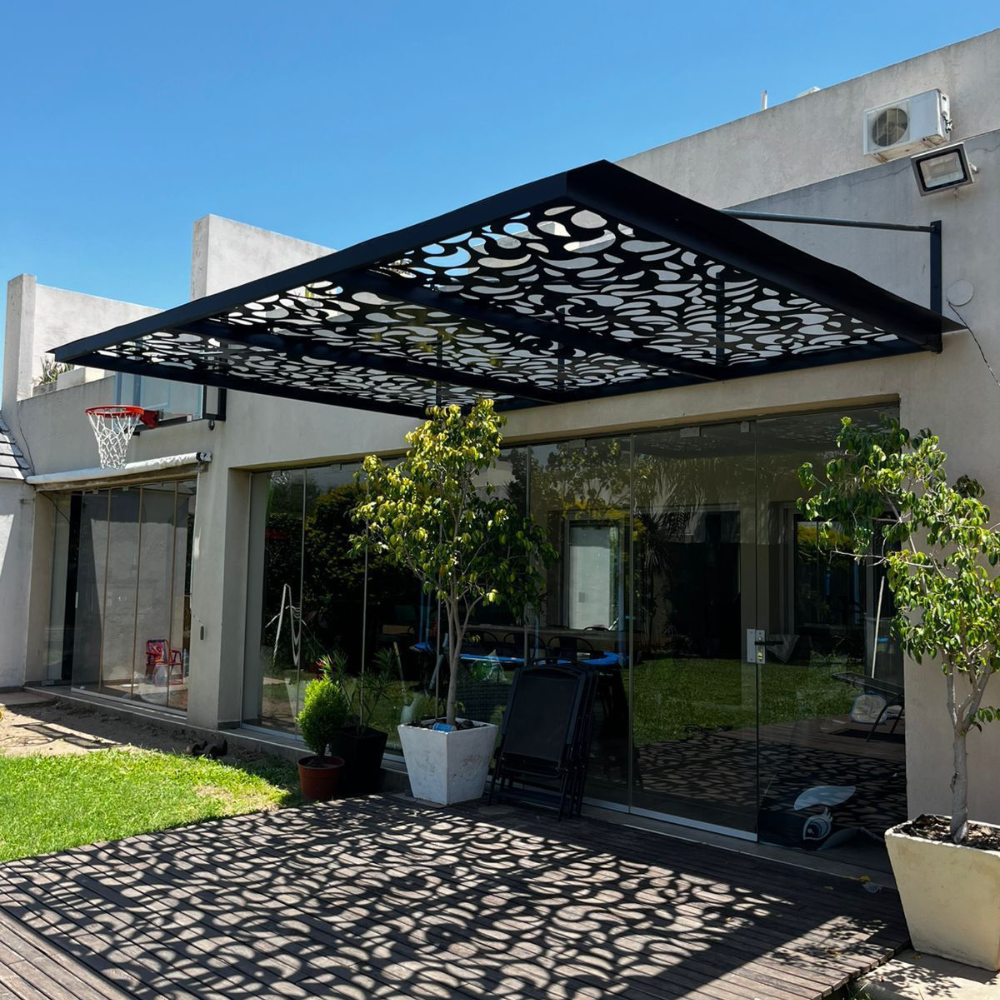 Black Laser Cut Floral Patio Shade Metal Canopy