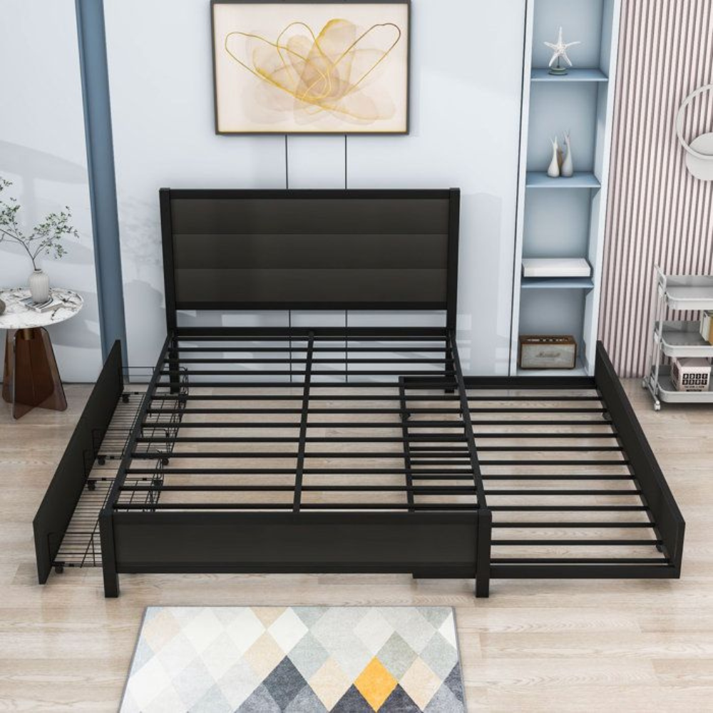 Black Metal Upholstered Headboard Storage Drawer Bed Base