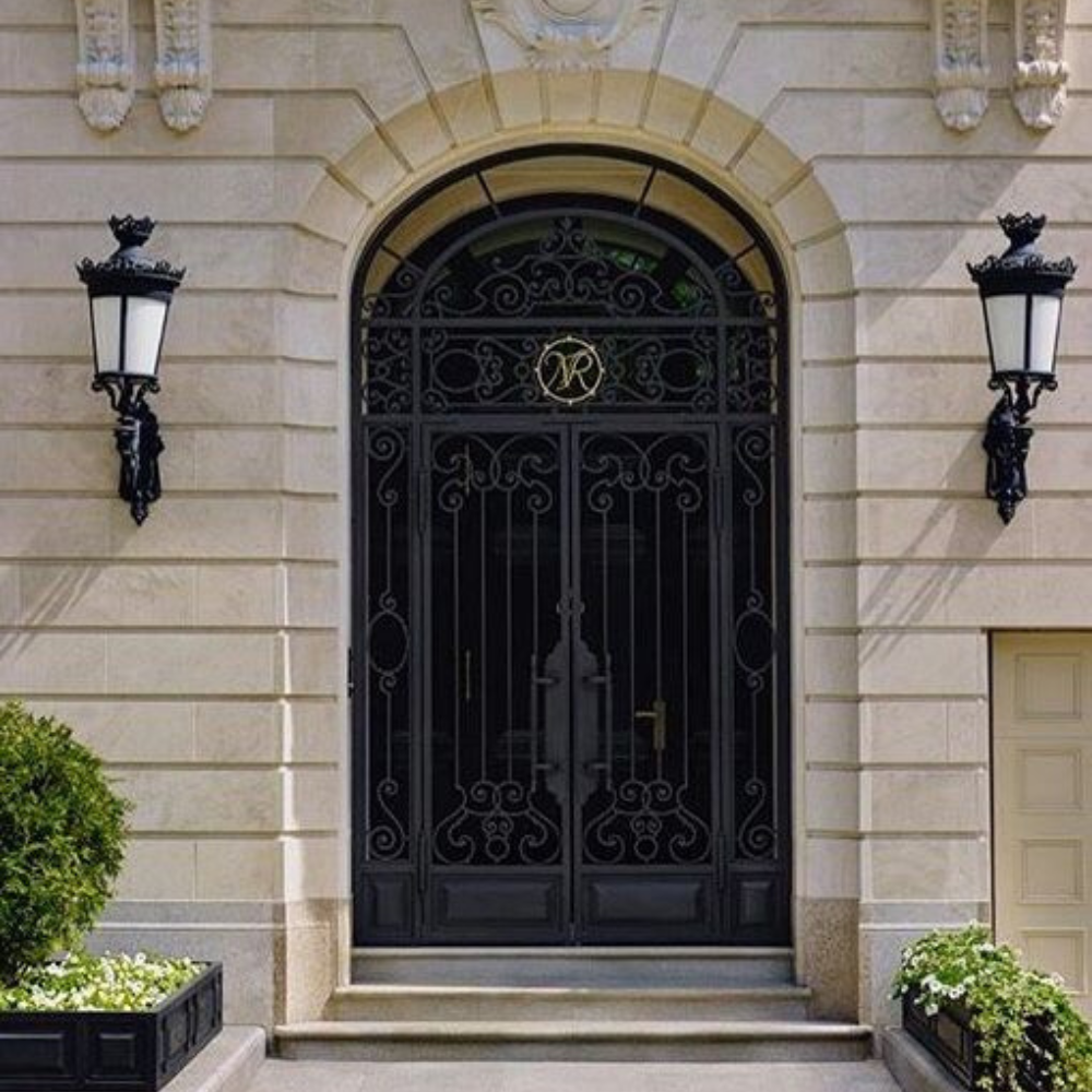 Black Monogram Crest Arch Iron External Double Door