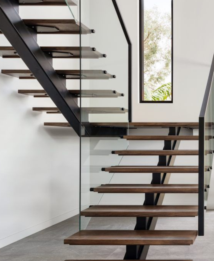 Black Open Riser Wood Step Glass Rail Metal Spiral Staircase