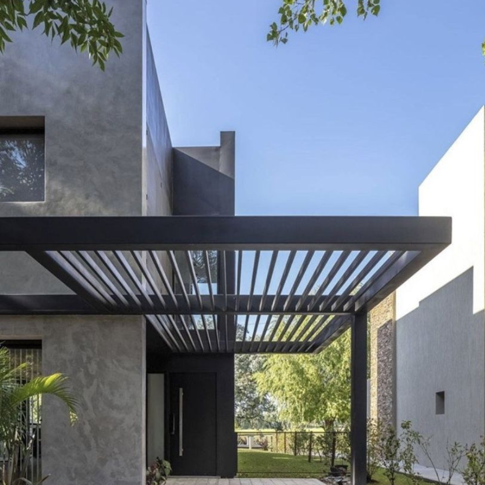 Black Open Slat Pergola Style Metal Canopy Entrance