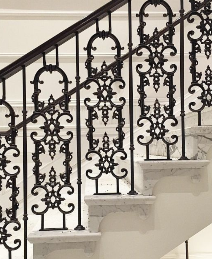 Black Ornate Filigree Panel Marble Stair Railing Balusters