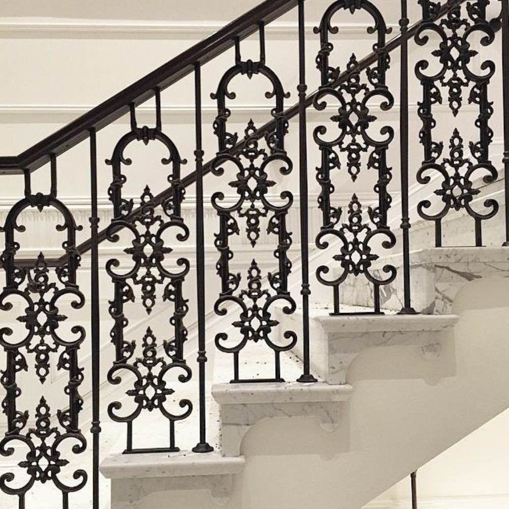 Black Ornate Filigree Panel Marble Stair Railing Balusters