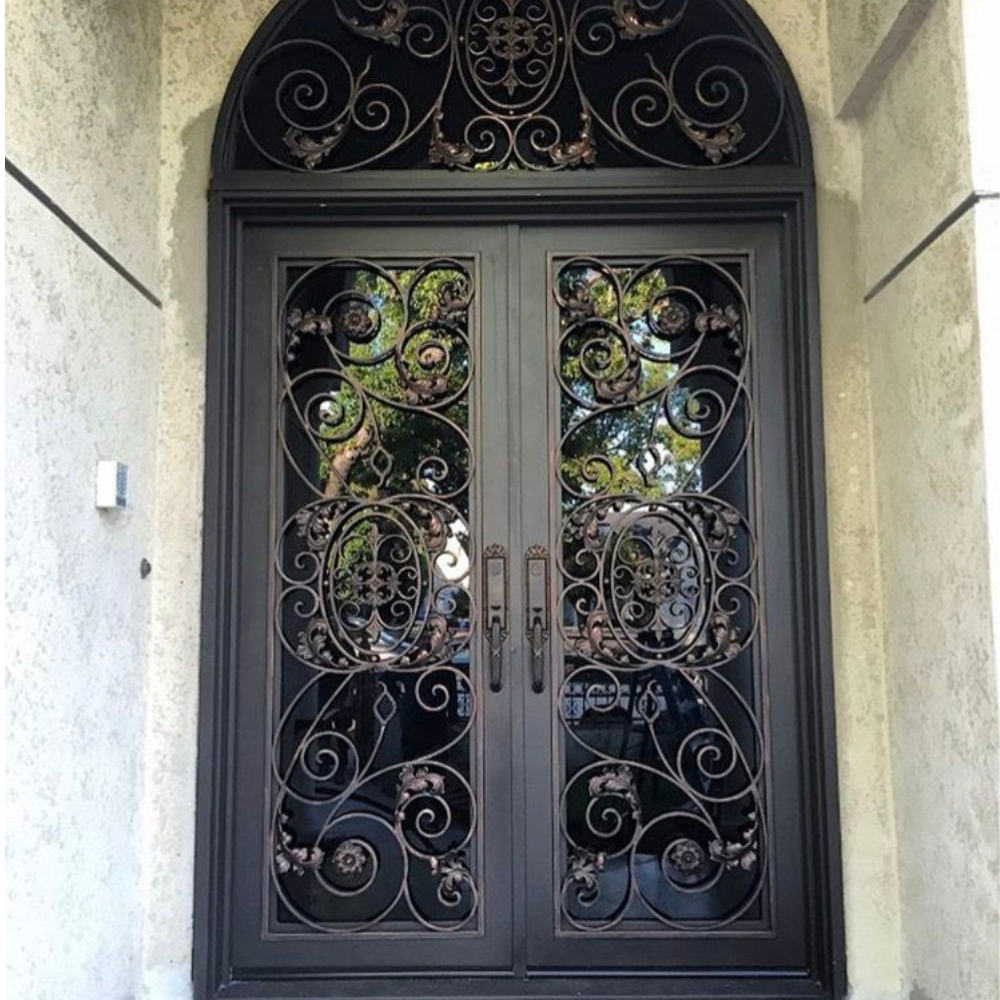 Black Oval Medallion Scroll Iron External Double Door