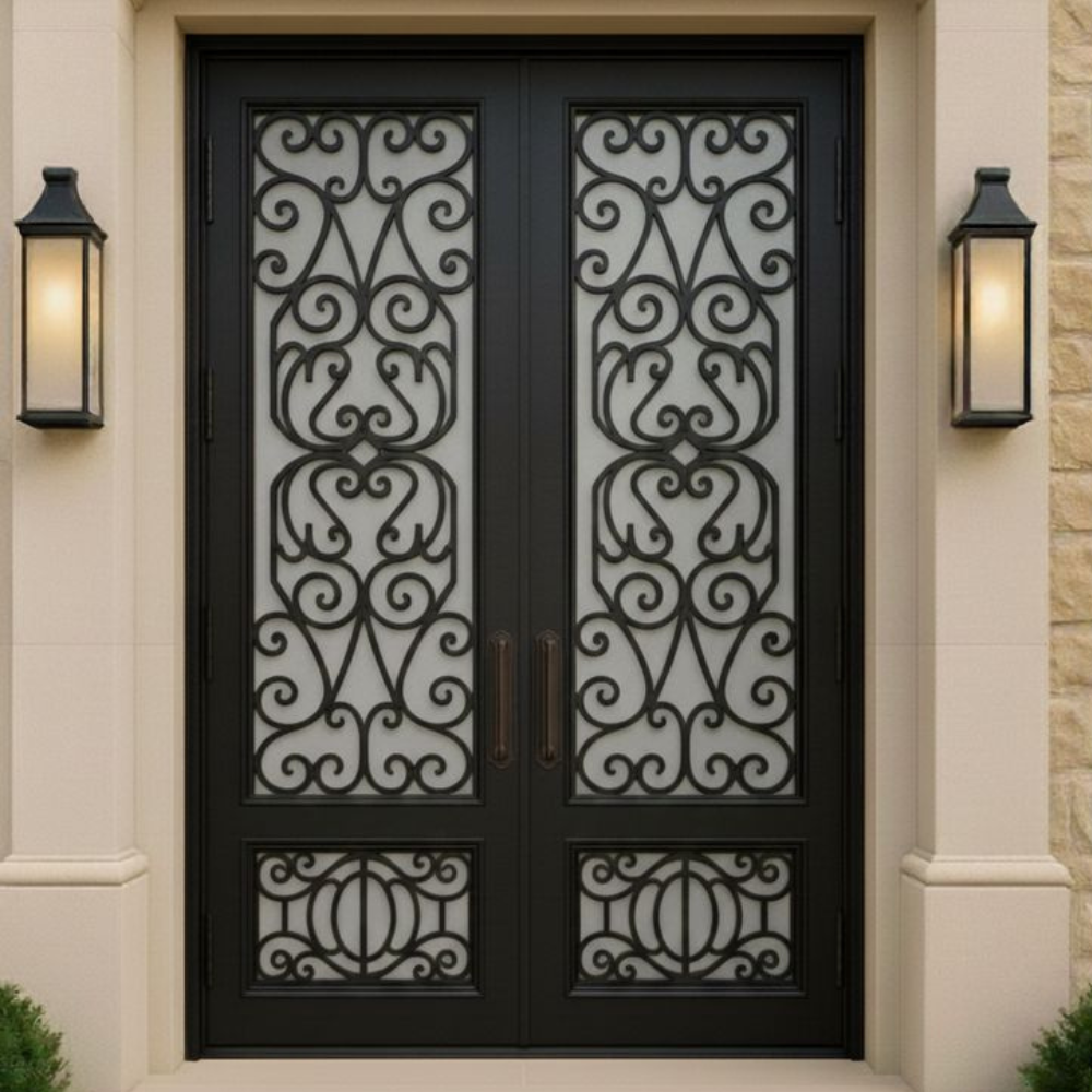 Black Scroll Filigree Iron Double External Door