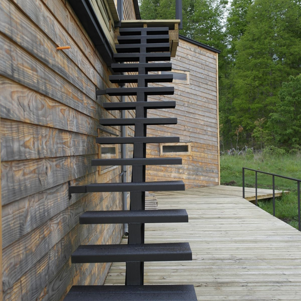 Black Single Spine Floating Outdoor Metal Spiral Staircase
