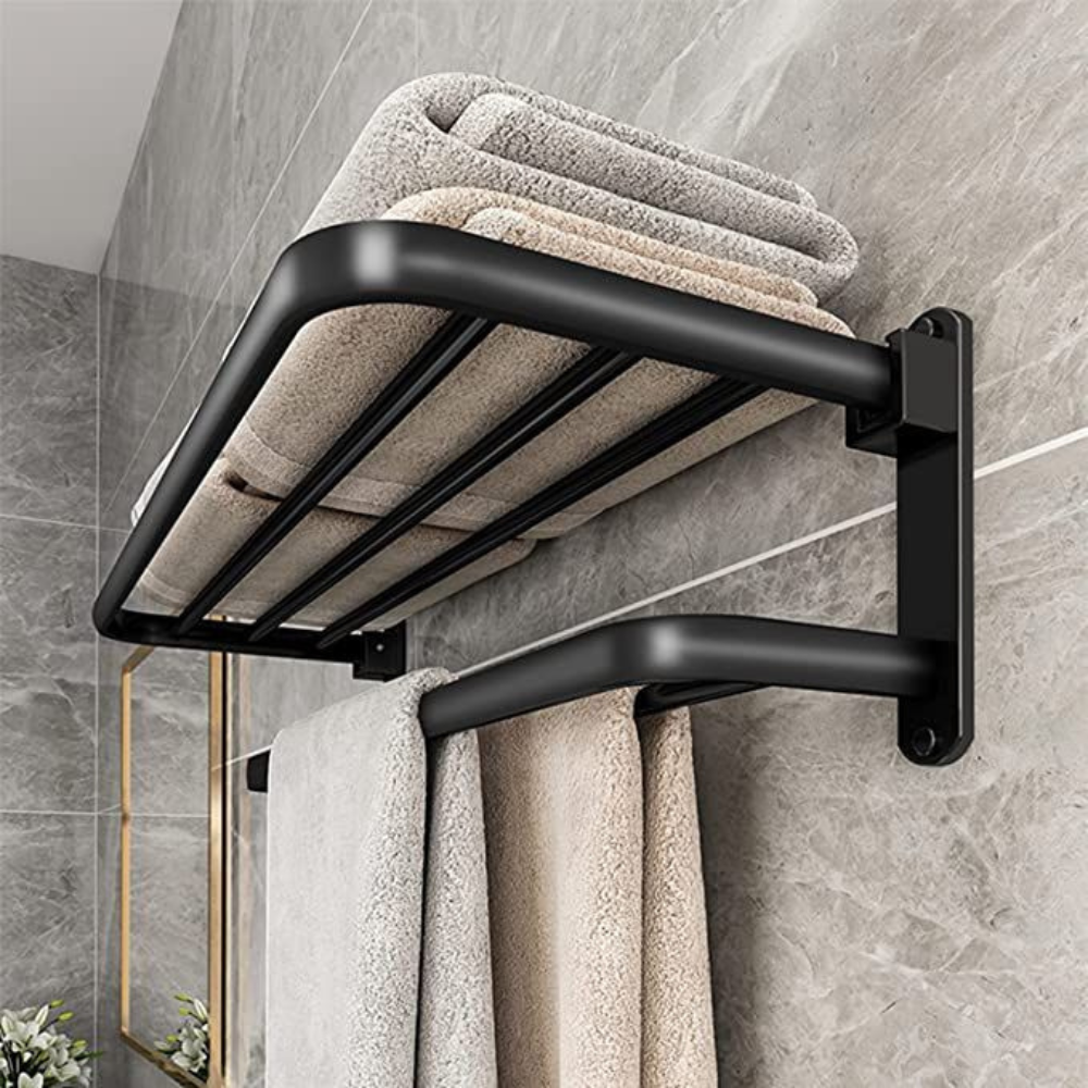 Black Wall Mount Shelf Double Bar Towel Rack