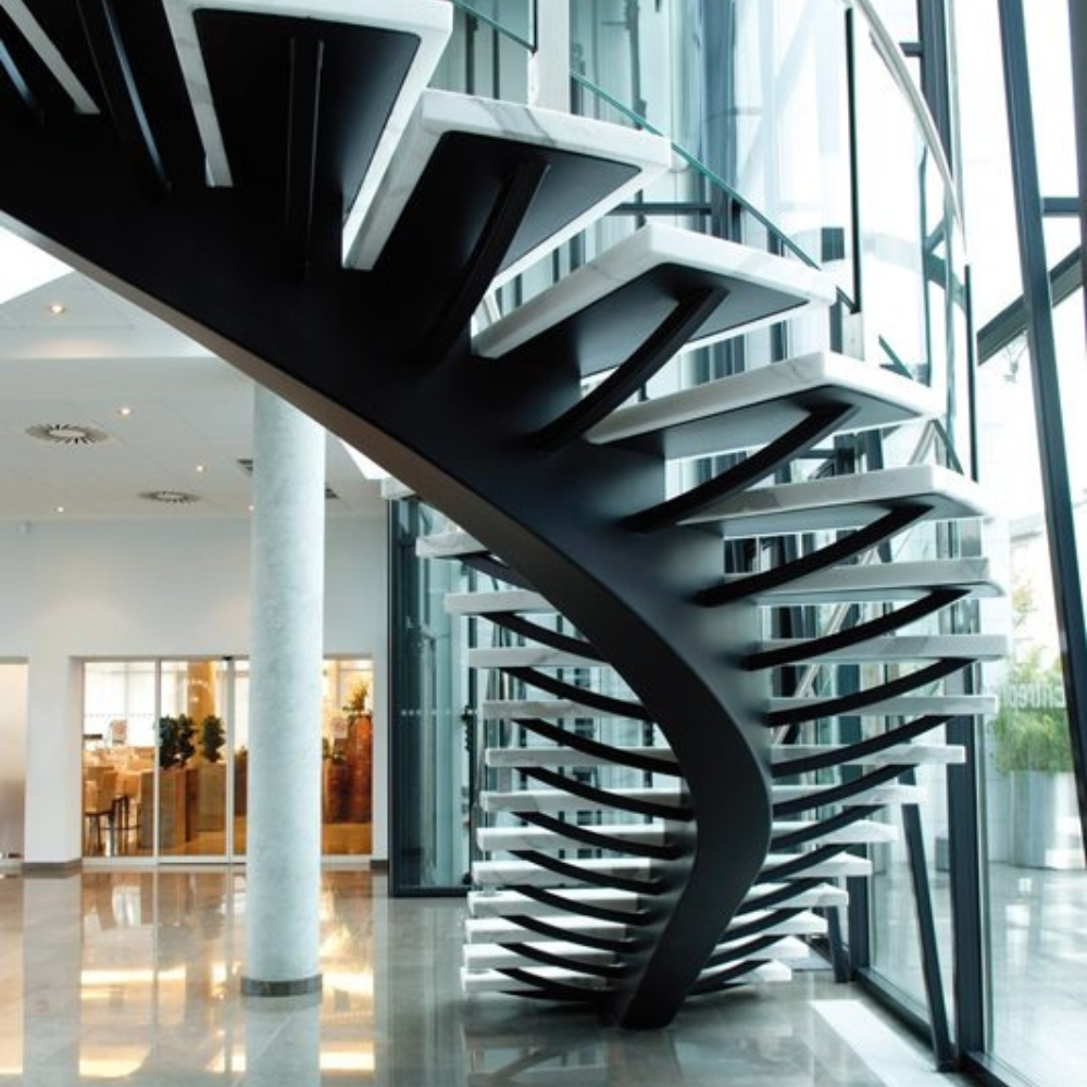 Black White Marble Twisted Spine Metal Spiral Staircase