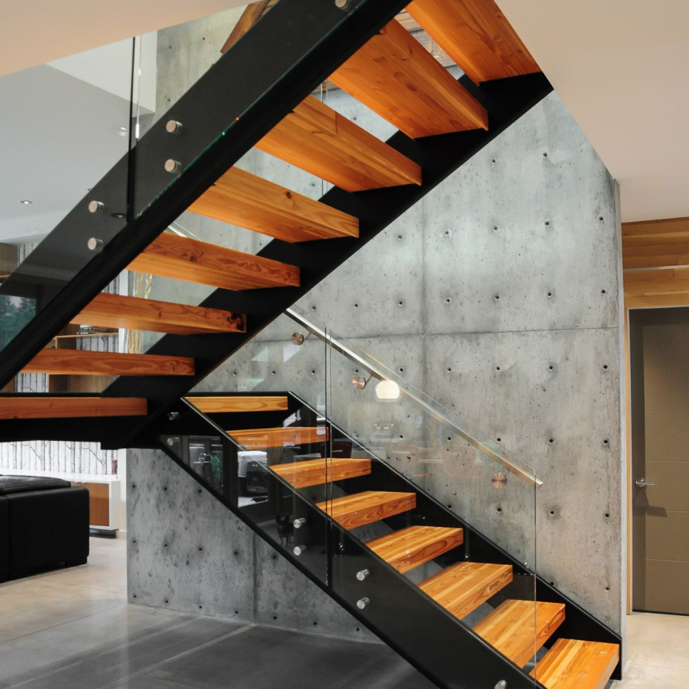 Black Zigzag Wood Step Glass Rail Metal Spiral Staircase