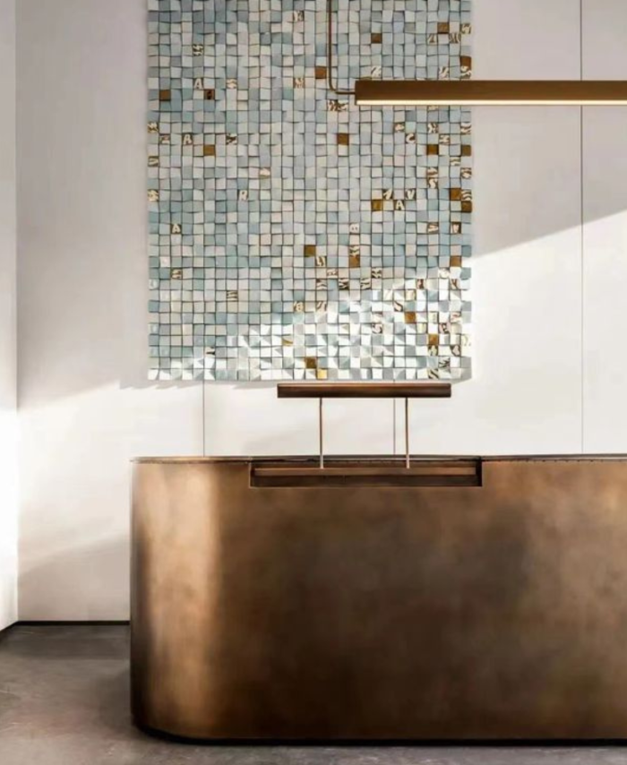 Blue Gold Square Mosaic Art Wall Metal Sheet Cladding