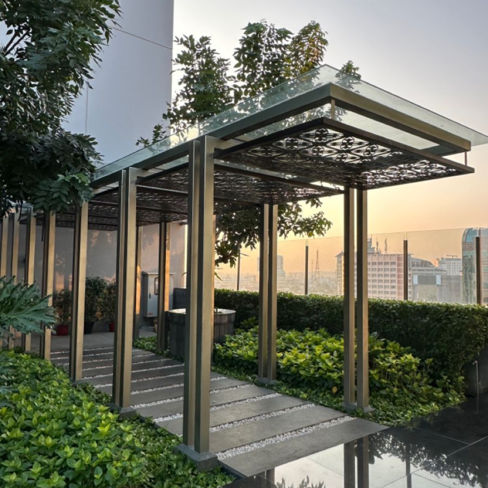 Bronze Glass Top Lattice Panel Metal Canopy Pergola