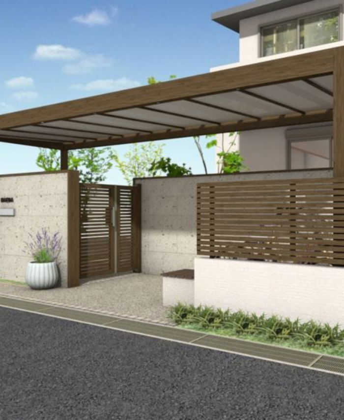 Brown Wood Finish Carport Pergola Metal Structure Facade