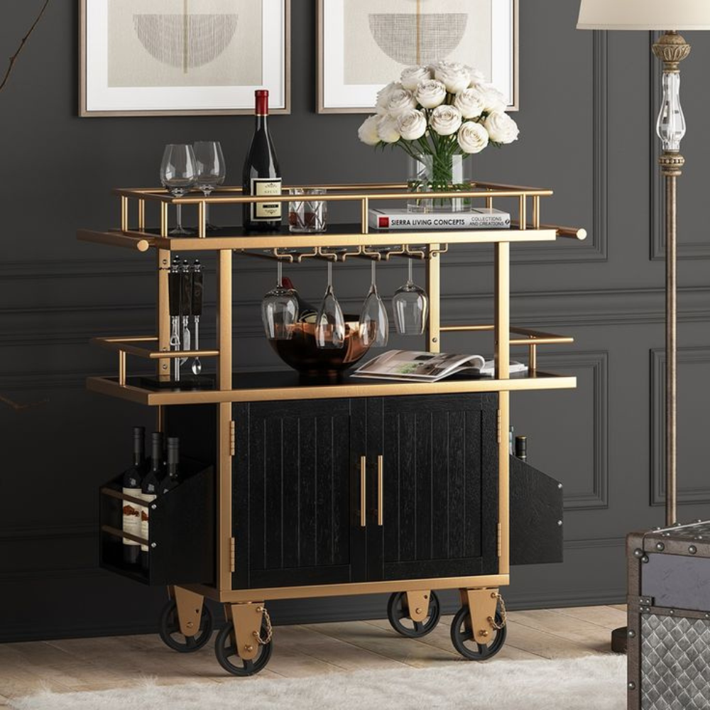 Gold & Black 3-Tier Cabinet Bar Trolley