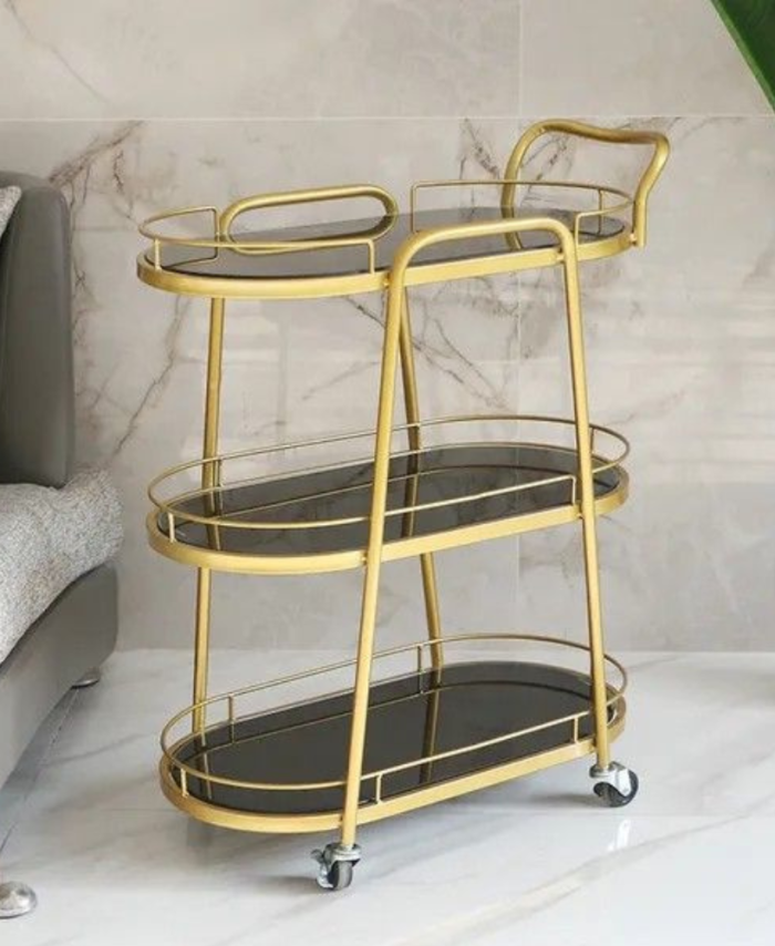 Gold & Black 3-Tier Oval Bar Trolley
