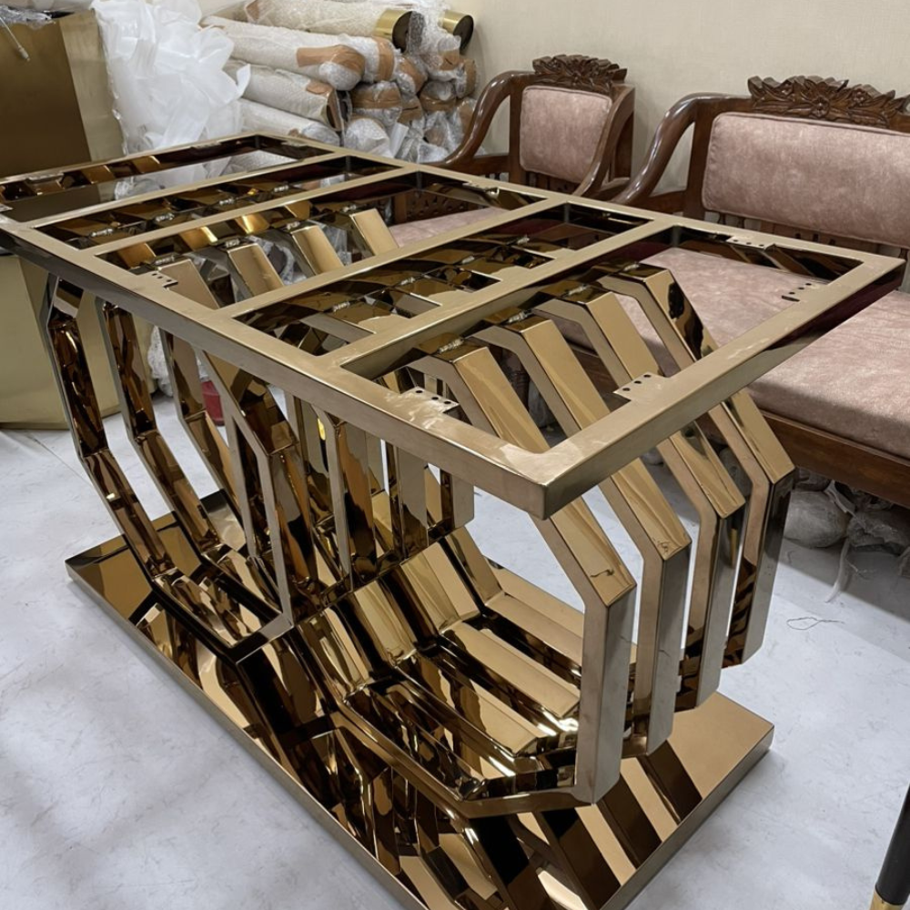 Gold Polished Geometric Lattice Cage Dining Table Base
