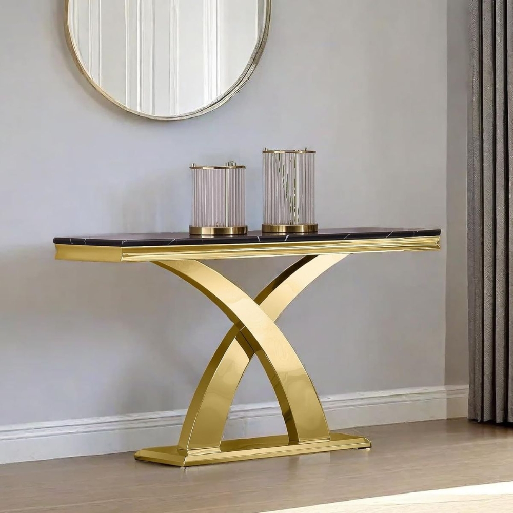 Gold Polished X Cross Arch Pedestal Console Table Base