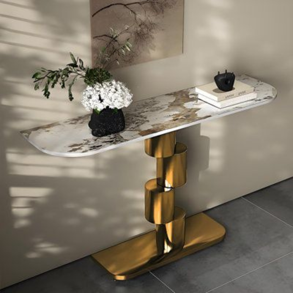 Gold Stacked Ring Pedestal Luxury Console Table Base