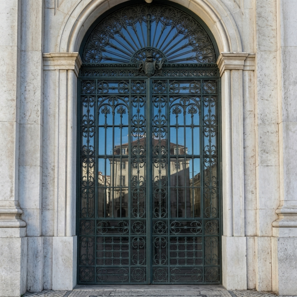 Green Double Panel Ornate Iron External Door
