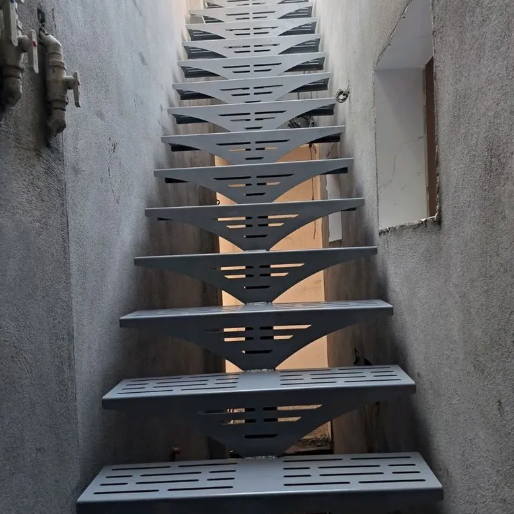 Grey Arrow Cut Out Straight Outdoor Metal Spiral Staircase
