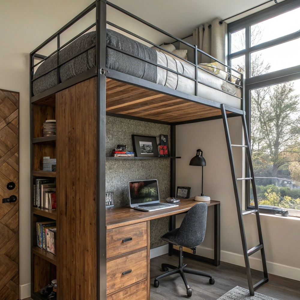 Grey Metal Loft Bunk Bed Frame with Desk Ladder