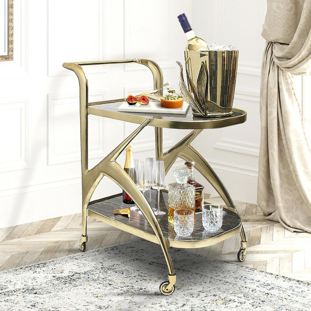 Sculptural Gold 2-Tier Bar Trolley