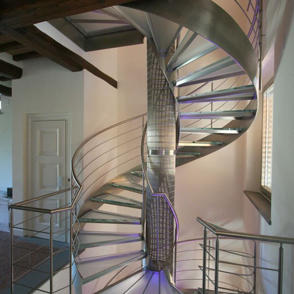 Silver Steel Glass Steps LED Light Metal Spiral Staircase
