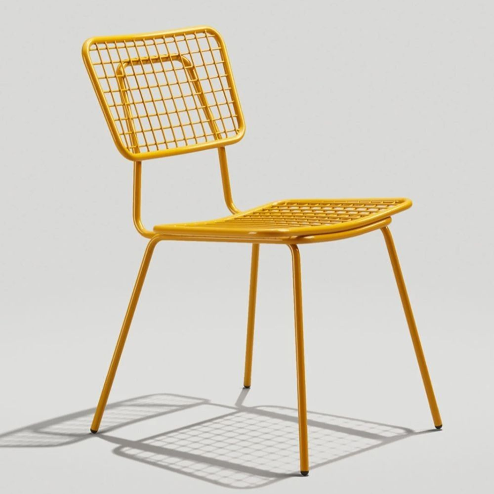 Yellow Wire Mesh Grid Back Tubular Metal Side Chair
