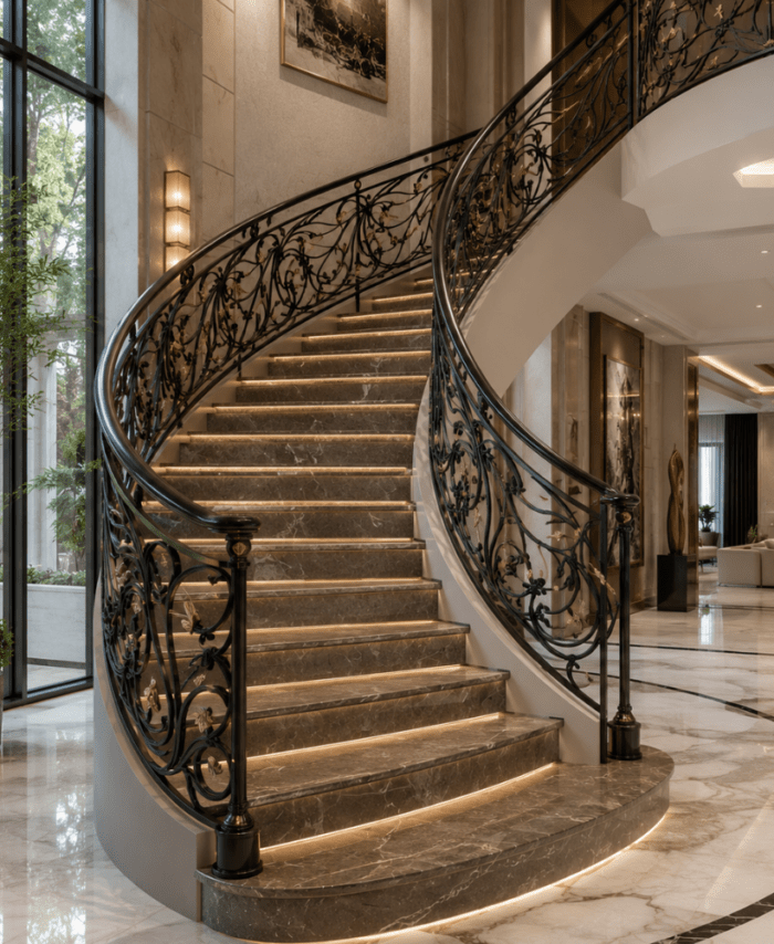 Luxury Curved Wrought Iron Staircase Railing