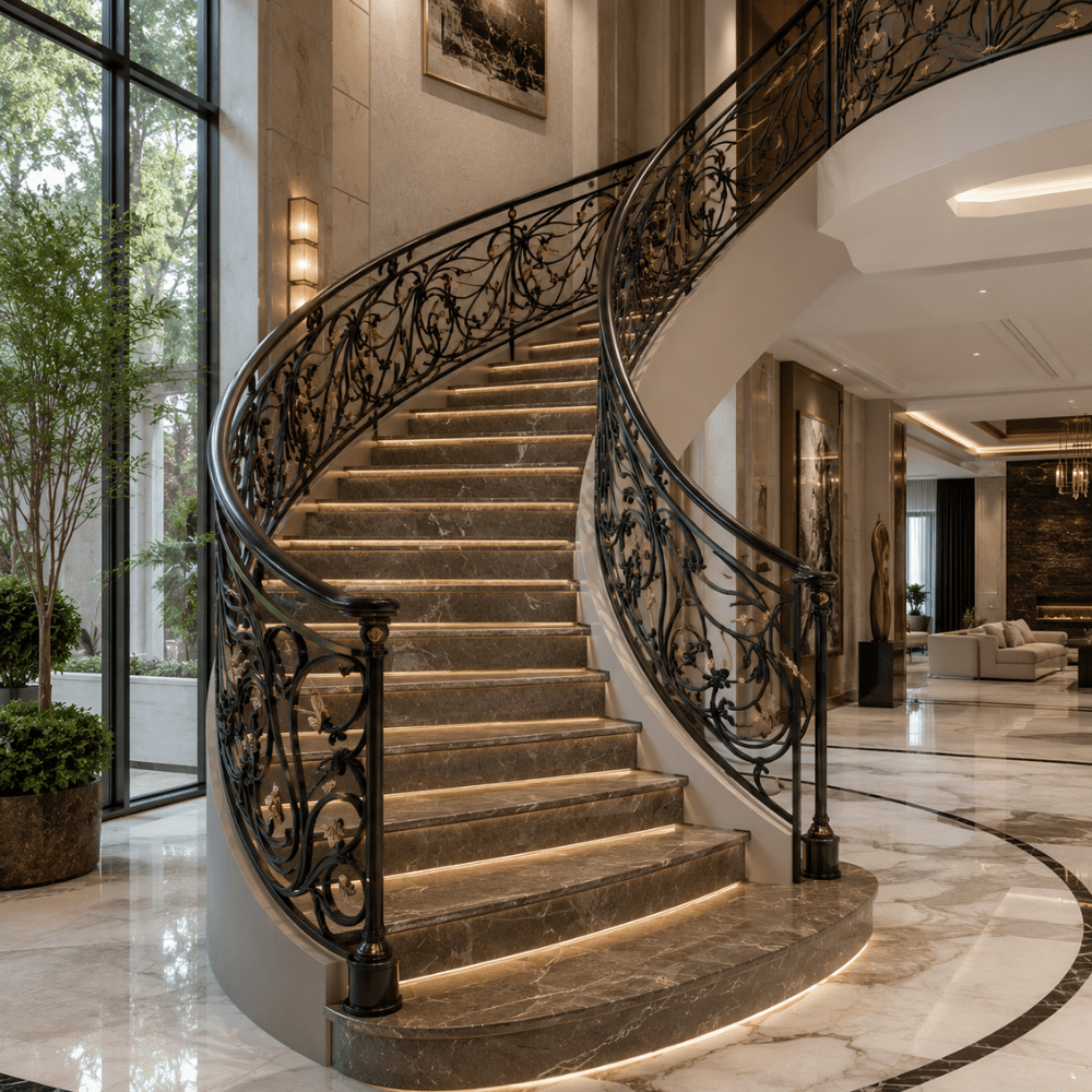 Luxury Curved Wrought Iron Staircase Railing